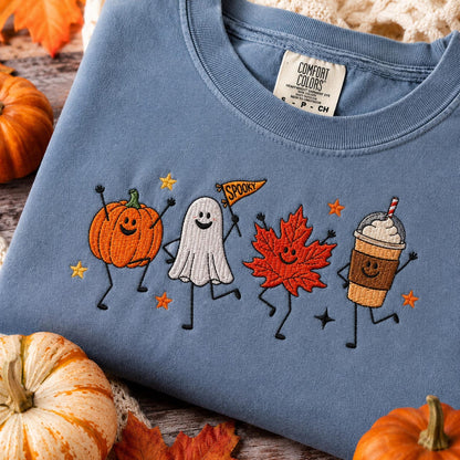 Cute Fall Embroidered Shirt, Happy Fall Doodle Embroidery Tee, Halloween Pumpkin Ghost Embroidered T Shirt, Cozy Autumn Comfort Colors Shirt