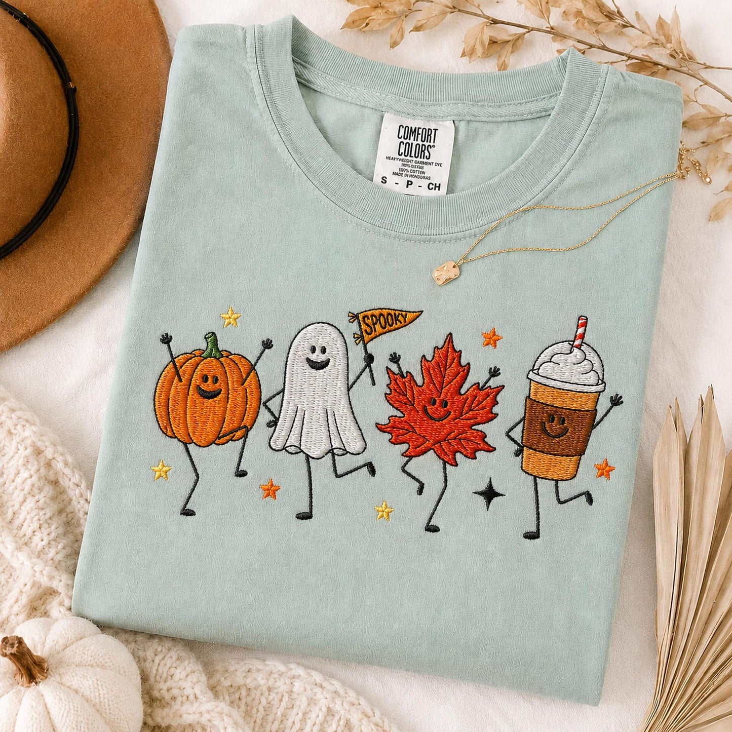 Cute Fall Embroidered Shirt, Happy Fall Doodle Embroidery Tee, Halloween Pumpkin Ghost Embroidered T Shirt, Cozy Autumn Comfort Colors Shirt