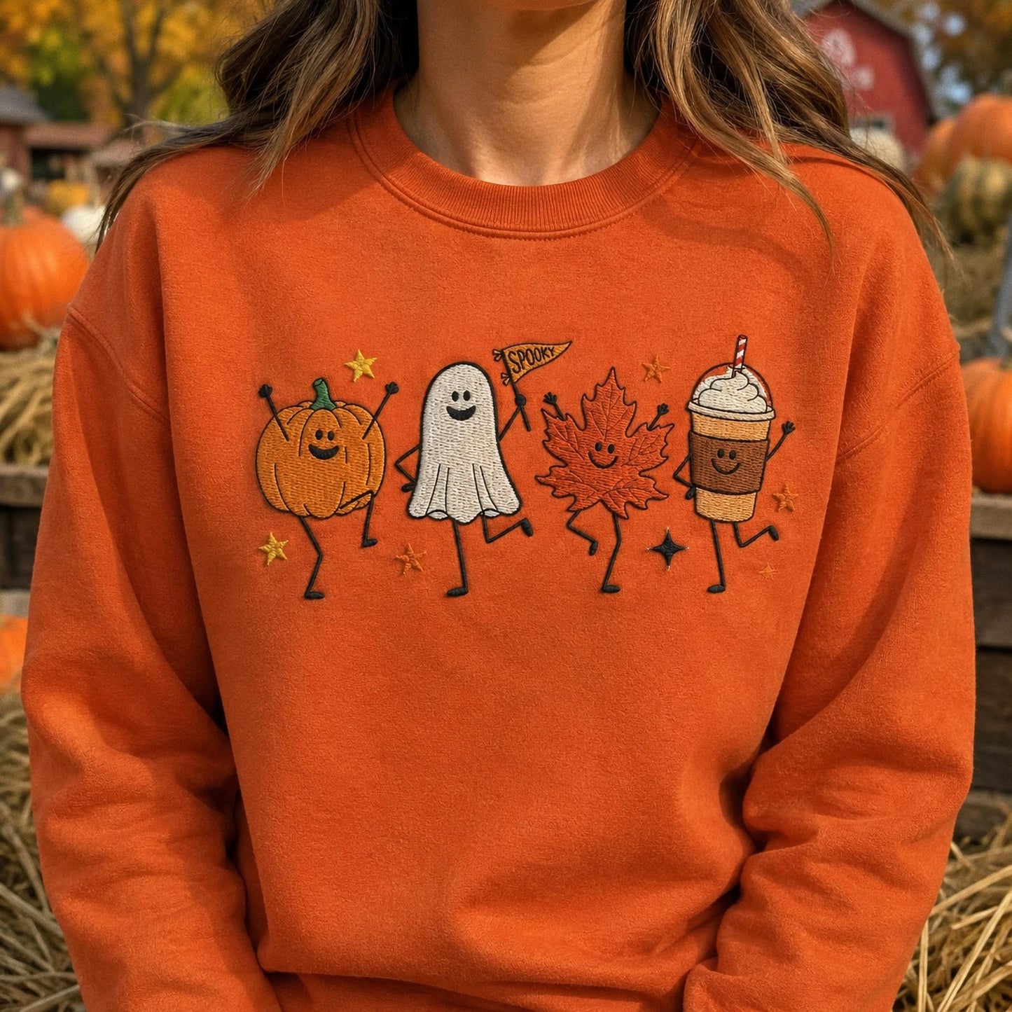 Cute Fall Embroidered Shirt, Happy Fall Doodle Embroidery Tee, Halloween Pumpkin Ghost Embroidered T Shirt, Cozy Autumn Comfort Colors Shirt