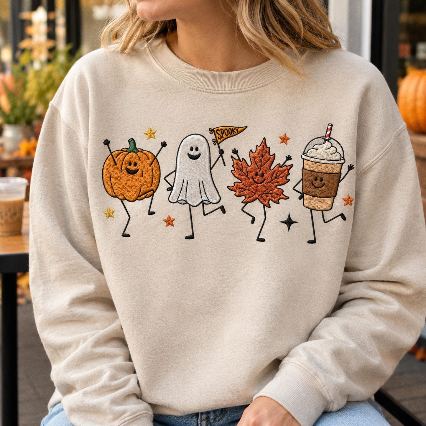 Cute Fall Embroidered Shirt, Happy Fall Doodle Embroidery Tee, Halloween Pumpkin Ghost Embroidered T Shirt, Cozy Autumn Comfort Colors Shirt