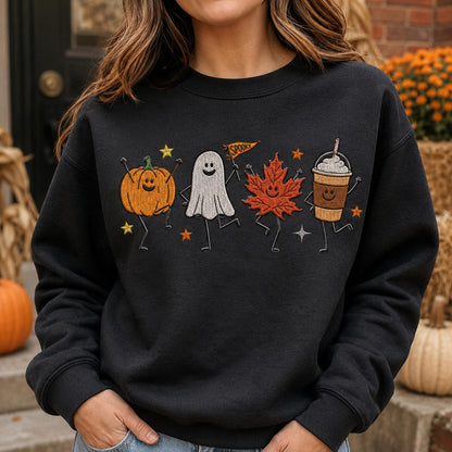 Cute Fall Embroidered Shirt, Happy Fall Doodle Embroidery Tee, Halloween Pumpkin Ghost Embroidered T Shirt, Cozy Autumn Comfort Colors Shirt