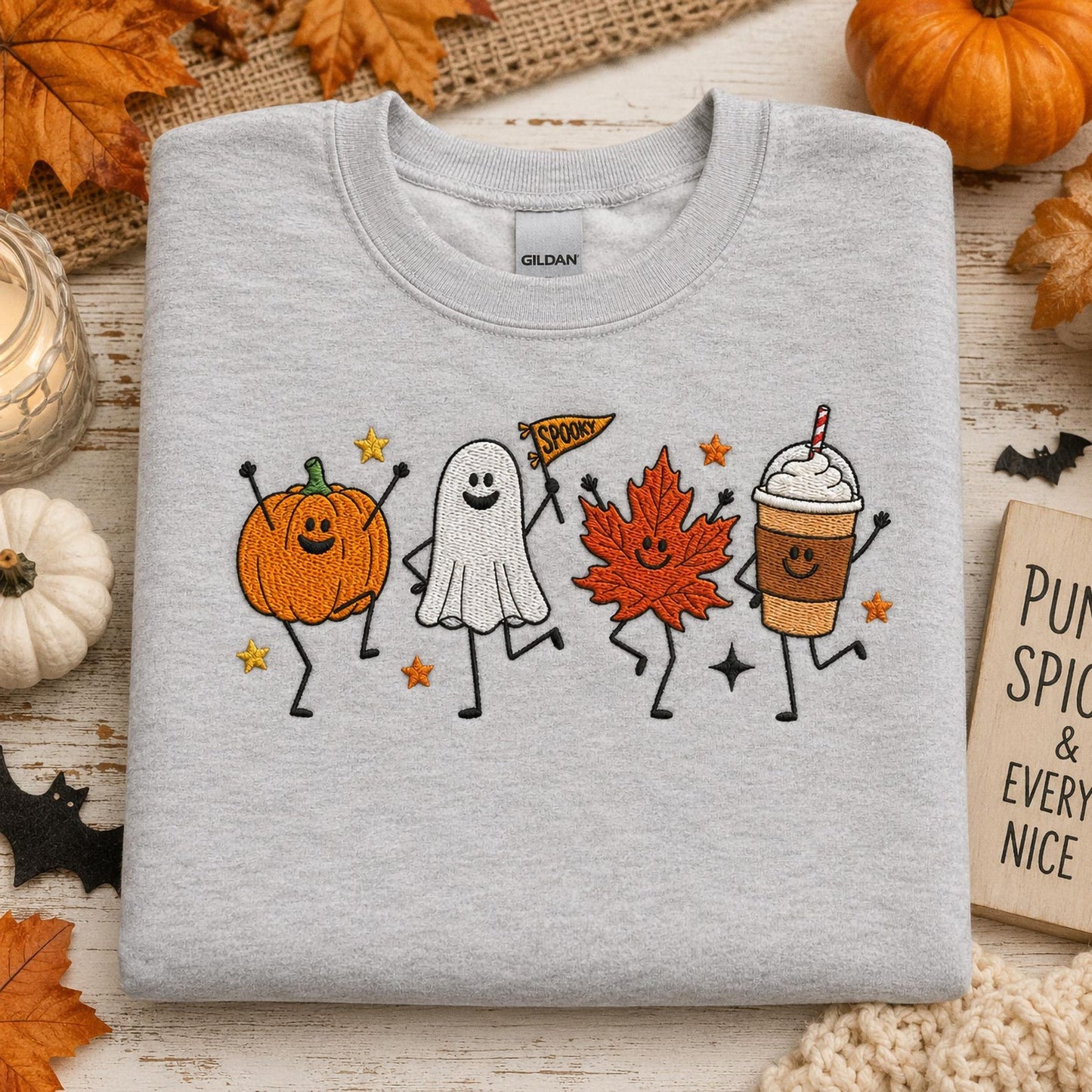 Cute Fall Embroidered Shirt, Happy Fall Doodle Embroidery Tee, Halloween Pumpkin Ghost Embroidered T Shirt, Cozy Autumn Comfort Colors Shirt