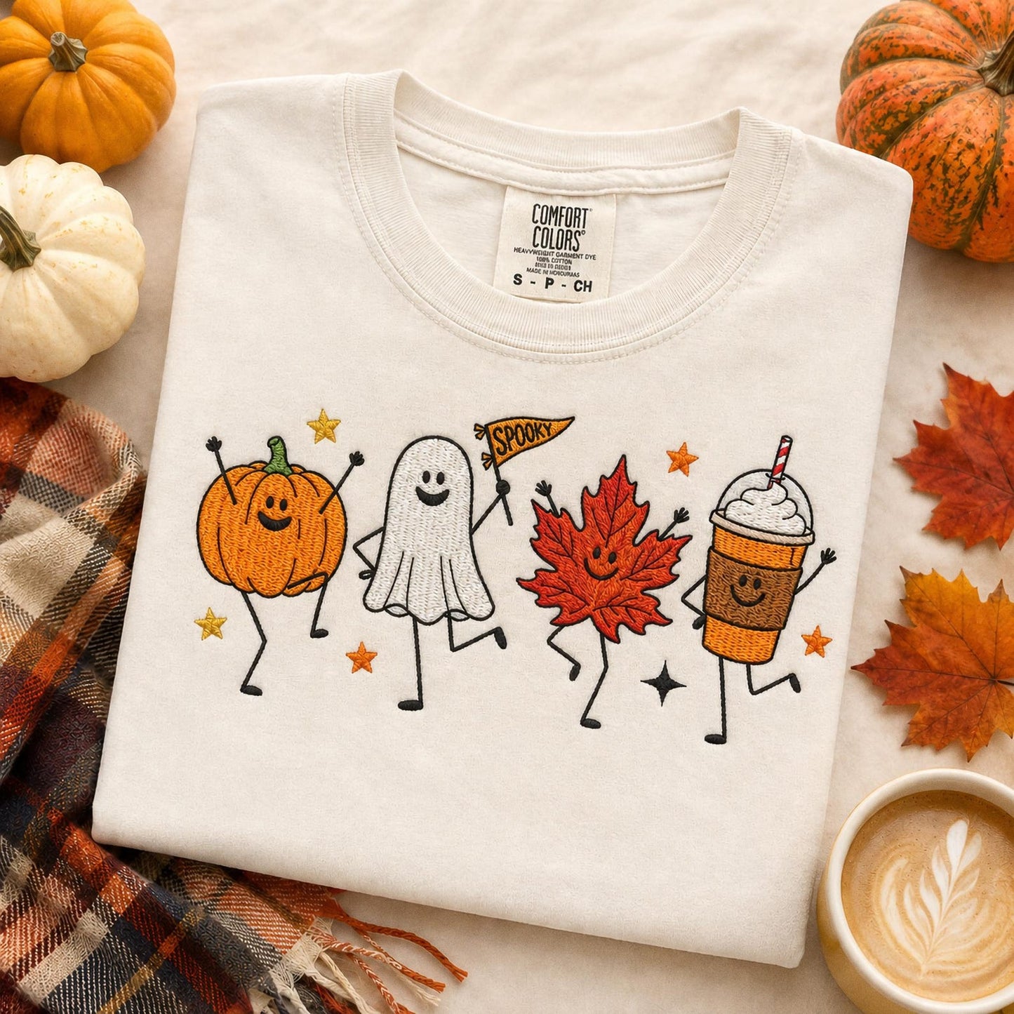 Cute Fall Embroidered Shirt, Happy Fall Doodle Embroidery Tee, Halloween Pumpkin Ghost Embroidered T Shirt, Cozy Autumn Comfort Colors Shirt