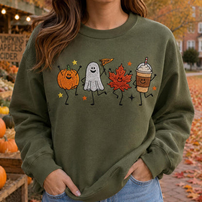 Cute Fall Embroidered Shirt, Happy Fall Doodle Embroidery Tee, Halloween Pumpkin Ghost Embroidered T Shirt, Cozy Autumn Comfort Colors Shirt