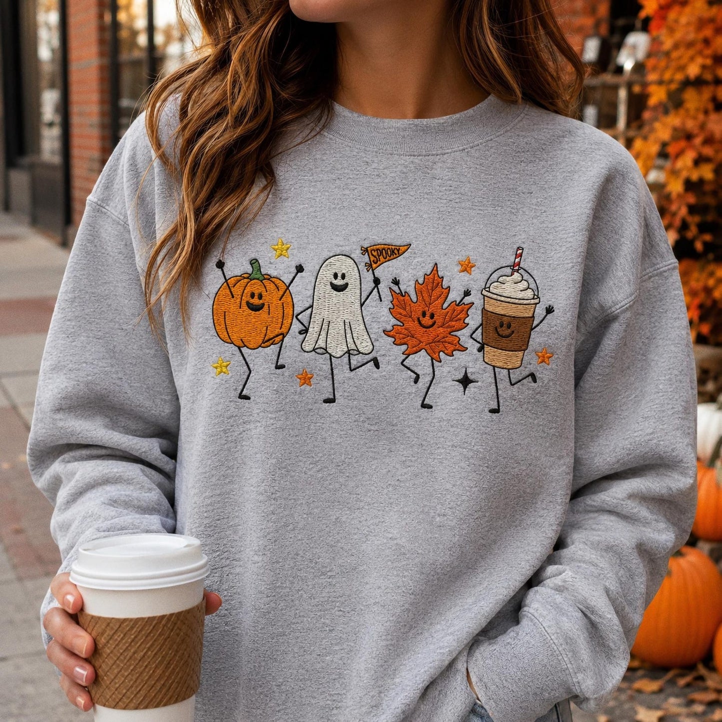 Cute Fall Embroidered Shirt, Happy Fall Doodle Embroidery Tee, Halloween Pumpkin Ghost Embroidered T Shirt, Cozy Autumn Comfort Colors Shirt