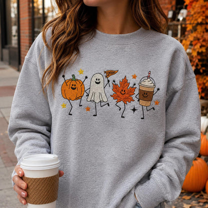Cute Fall Embroidered Shirt, Happy Fall Doodle Embroidery Tee, Halloween Pumpkin Ghost Embroidered T Shirt, Cozy Autumn Comfort Colors Shirt