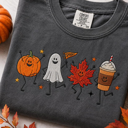 Cute Fall Embroidered Shirt, Happy Fall Doodle Embroidery Tee, Halloween Pumpkin Ghost Embroidered T Shirt, Cozy Autumn Comfort Colors Shirt