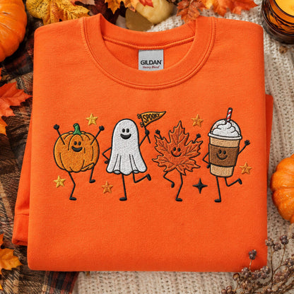 Cute Fall Embroidered Shirt, Happy Fall Doodle Embroidery Tee, Halloween Pumpkin Ghost Embroidered T Shirt, Cozy Autumn Comfort Colors Shirt