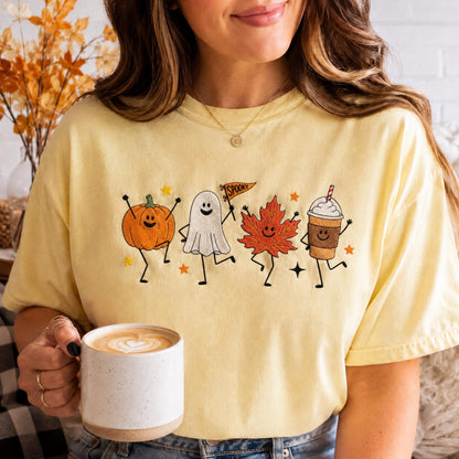 Cute Fall Embroidered Shirt, Happy Fall Doodle Embroidery Tee, Halloween Pumpkin Ghost Embroidered T Shirt, Cozy Autumn Comfort Colors Shirt