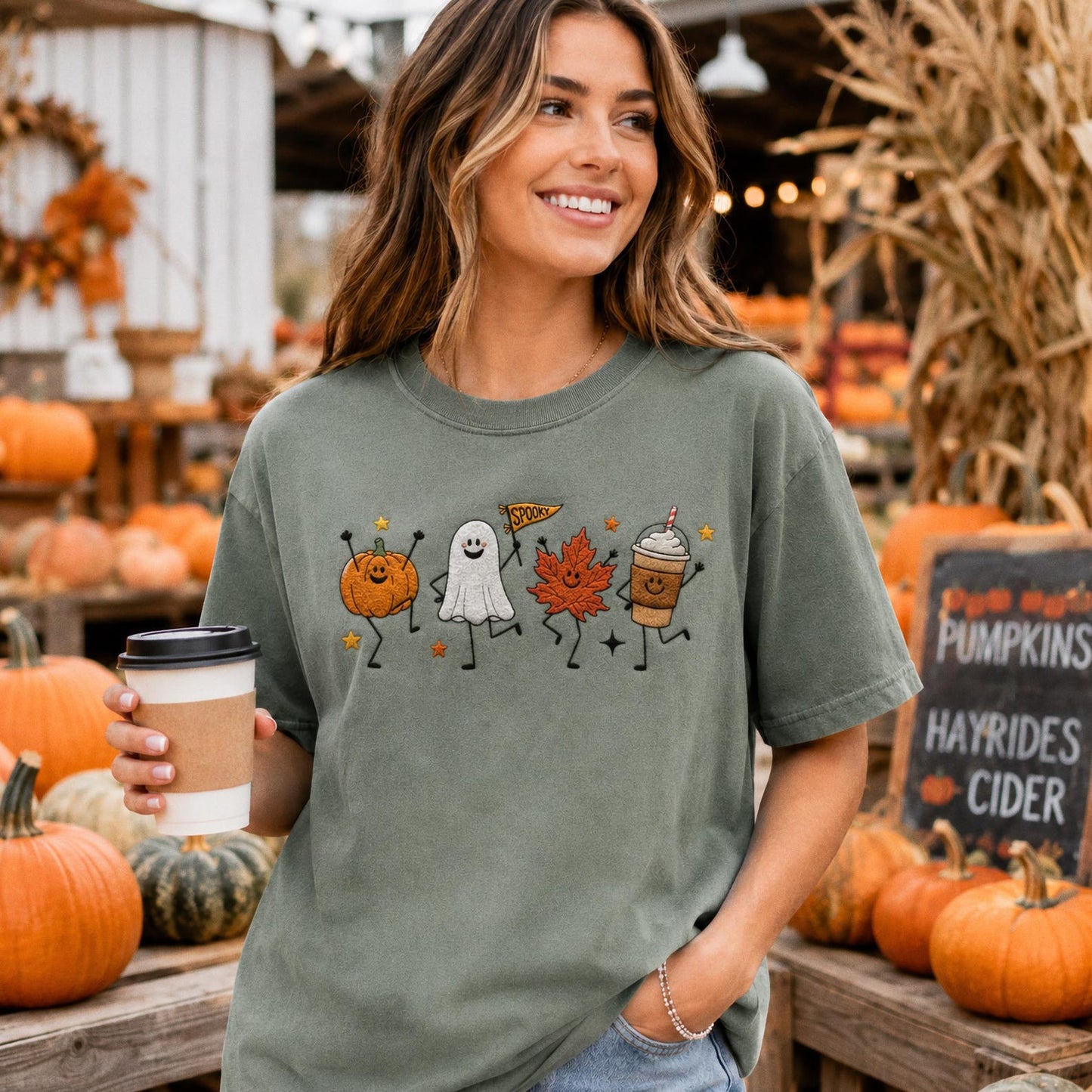 Cute Fall Embroidered Shirt, Happy Fall Doodle Embroidery Tee, Halloween Pumpkin Ghost Embroidered T Shirt, Cozy Autumn Comfort Colors Shirt