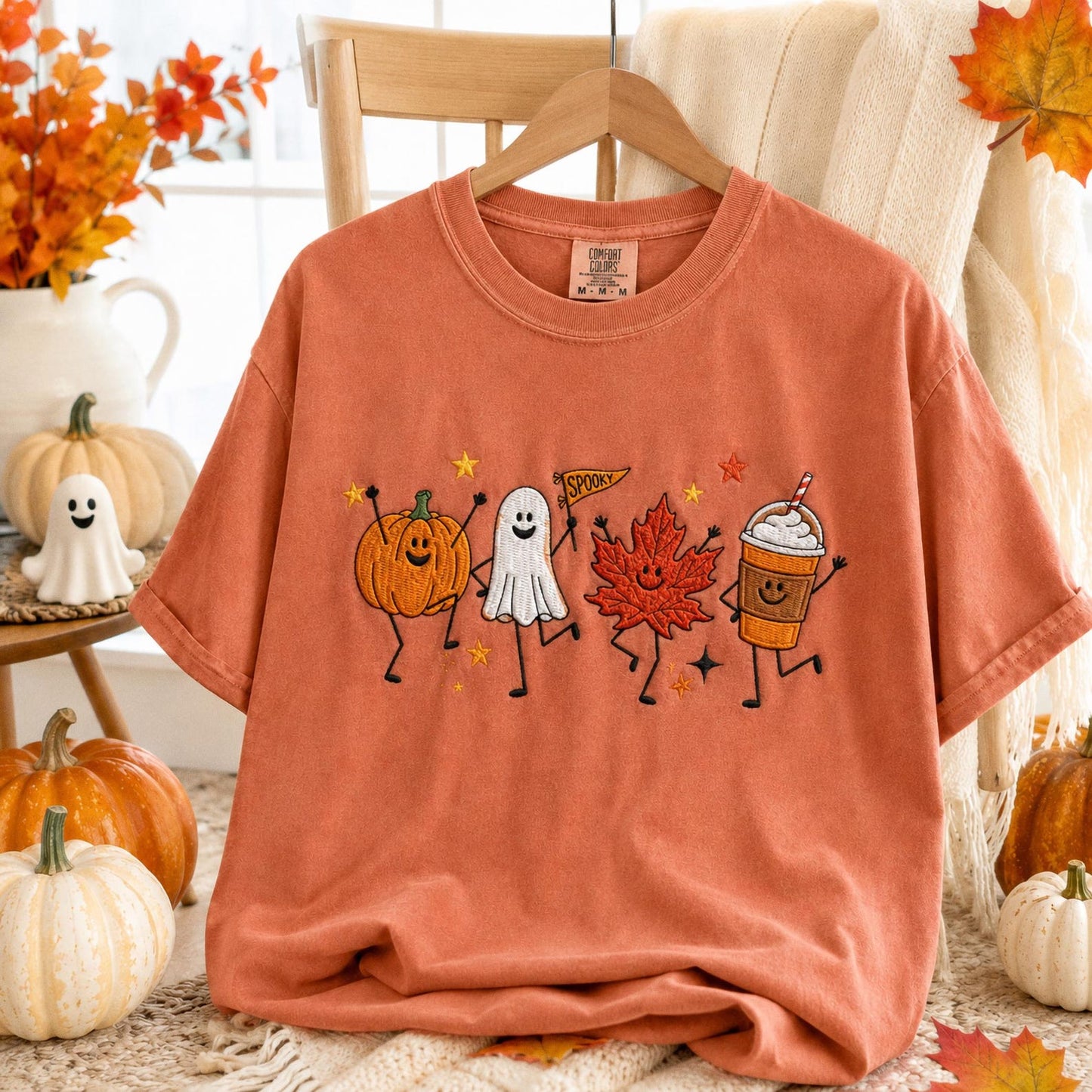 Cute Fall Embroidered Shirt, Happy Fall Doodle Embroidery Tee, Halloween Pumpkin Ghost Embroidered T Shirt, Cozy Autumn Comfort Colors Shirt