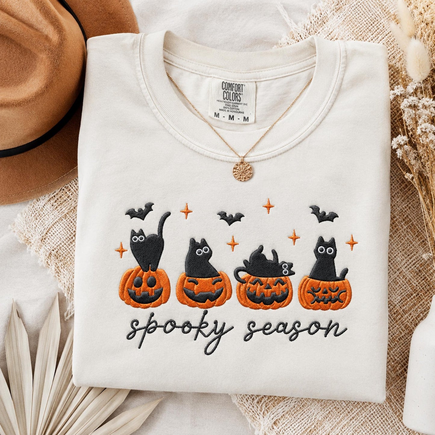 Embroidered Black Cat Halloween Shirt, Comfort Colors Cat Lover Gift, Spooky Season Tee, Cute Pumpkin Cat Shirt, Autumn Witchy Sweatshirt