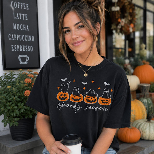 Embroidered Black Cat Halloween Shirt, Comfort Colors Cat Lover Gift, Spooky Season Tee, Cute Pumpkin Cat Shirt, Autumn Witchy Sweatshirt