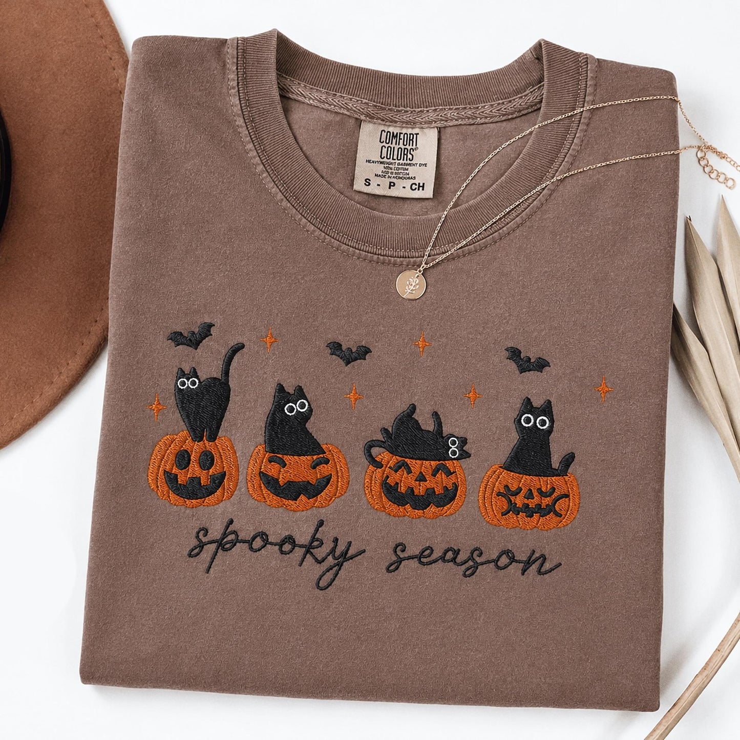 Embroidered Black Cat Halloween Shirt, Comfort Colors Cat Lover Gift, Spooky Season Tee, Cute Pumpkin Cat Shirt, Autumn Witchy Sweatshirt