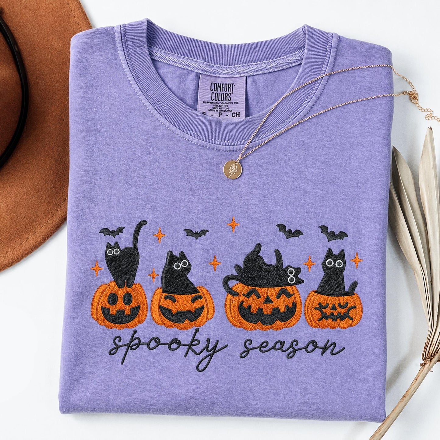 Embroidered Black Cat Halloween Shirt, Comfort Colors Cat Lover Gift, Spooky Season Tee, Cute Pumpkin Cat Shirt, Autumn Witchy Sweatshirt