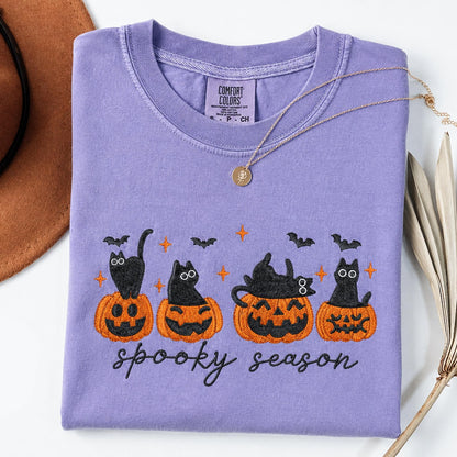 Embroidered Black Cat Halloween Shirt, Comfort Colors Cat Lover Gift, Spooky Season Tee, Cute Pumpkin Cat Shirt, Autumn Witchy Sweatshirt