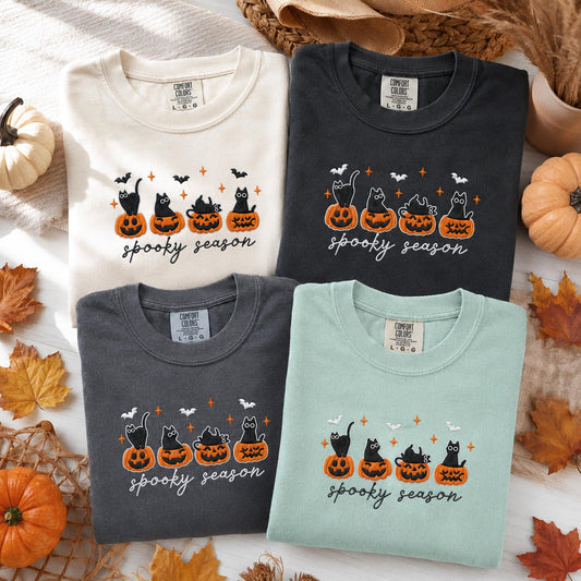 Embroidered Black Cat Halloween Shirt, Comfort Colors Cat Lover Gift, Spooky Season Tee, Cute Pumpkin Cat Shirt, Autumn Witchy Sweatshirt