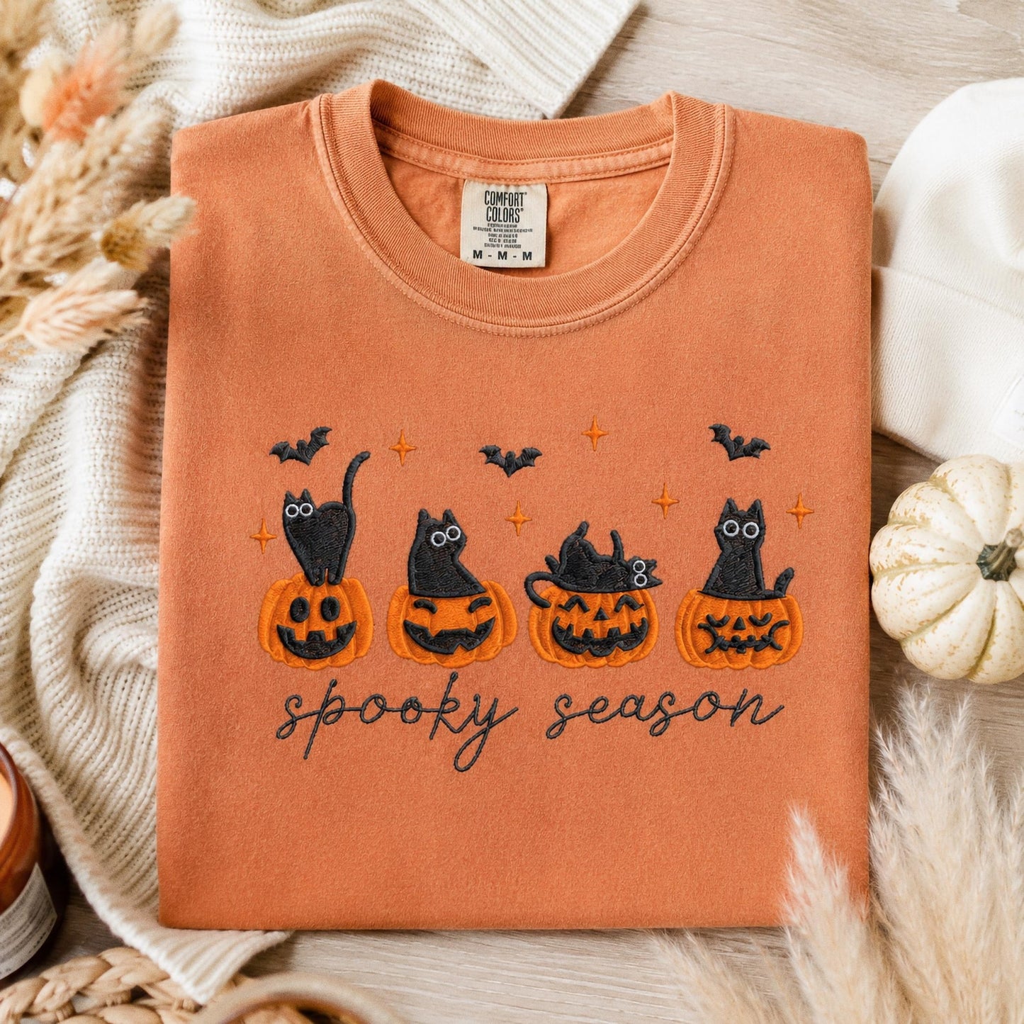 Embroidered Black Cat Halloween Shirt, Comfort Colors Cat Lover Gift, Spooky Season Tee, Cute Pumpkin Cat Shirt, Autumn Witchy Sweatshirt