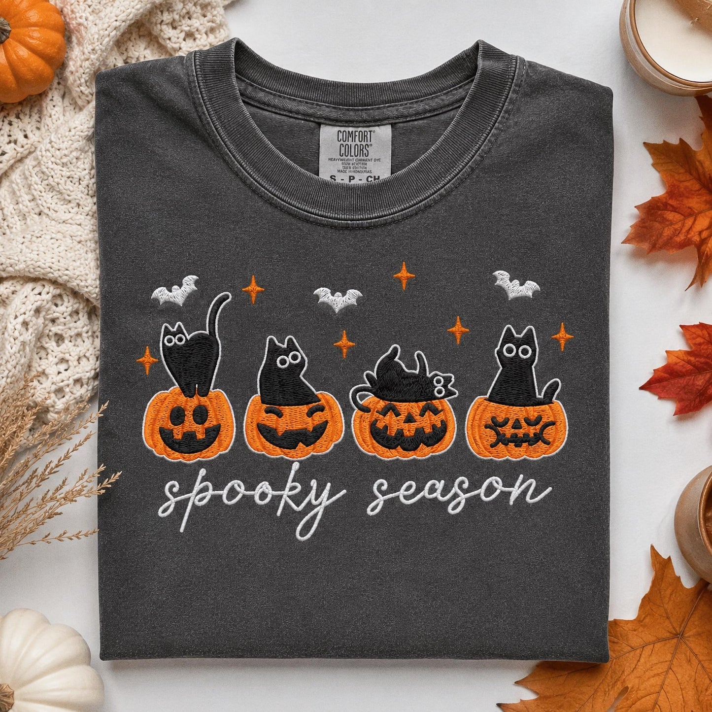 Embroidered Black Cat Halloween Shirt, Comfort Colors Cat Lover Gift, Spooky Season Tee, Cute Pumpkin Cat Shirt, Autumn Witchy Sweatshirt