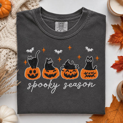 Embroidered Black Cat Halloween Shirt, Comfort Colors Cat Lover Gift, Spooky Season Tee, Cute Pumpkin Cat Shirt, Autumn Witchy Sweatshirt
