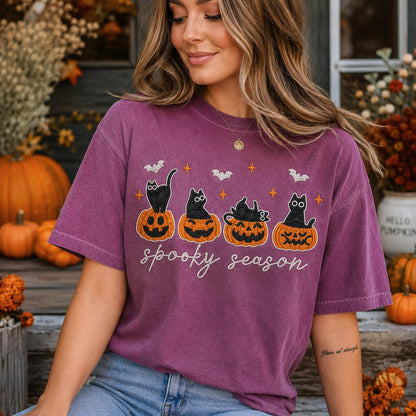 Embroidered Black Cat Halloween Shirt, Comfort Colors Cat Lover Gift, Spooky Season Tee, Cute Pumpkin Cat Shirt, Autumn Witchy Sweatshirt