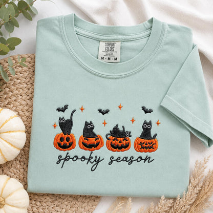Embroidered Black Cat Halloween Shirt, Comfort Colors Cat Lover Gift, Spooky Season Tee, Cute Pumpkin Cat Shirt, Autumn Witchy Sweatshirt