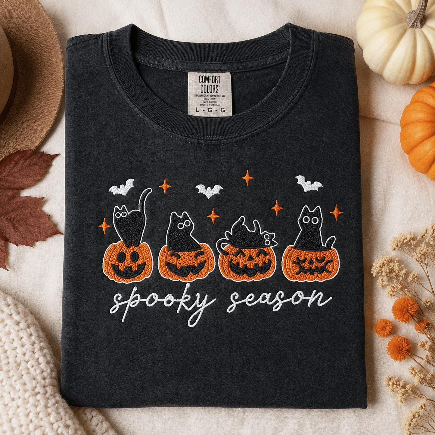 Embroidered Black Cat Halloween Shirt, Comfort Colors Cat Lover Gift, Spooky Season Tee, Cute Pumpkin Cat Shirt, Autumn Witchy Sweatshirt