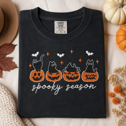 Embroidered Black Cat Halloween Shirt, Comfort Colors Cat Lover Gift, Spooky Season Tee, Cute Pumpkin Cat Shirt, Autumn Witchy Sweatshirt