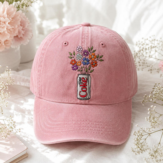 Embroidered Diet Coke Floral Hat, Washed Cotton Cap, Soda Lover Gift, Cute Aesthetic Baseball Cap, Floral Soda Embroidery, Gift For Her