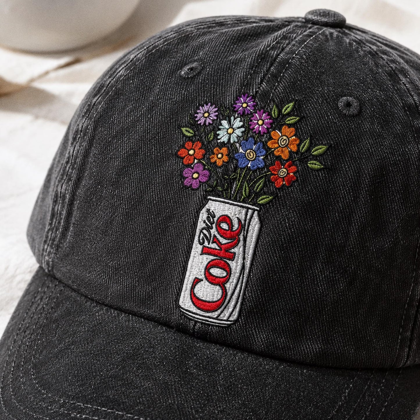 Embroidered Diet Coke Floral Hat, Washed Cotton Cap, Soda Lover Gift, Cute Aesthetic Baseball Cap, Floral Soda Embroidery, Gift For Her
