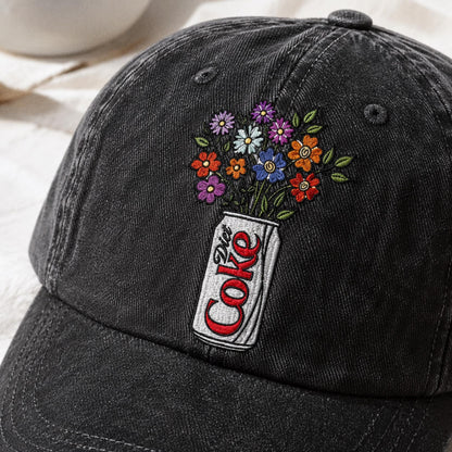 Embroidered Diet Coke Floral Hat, Washed Cotton Cap, Soda Lover Gift, Cute Aesthetic Baseball Cap, Floral Soda Embroidery, Gift For Her