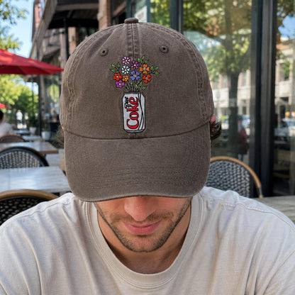 Embroidered Diet Coke Floral Hat, Washed Cotton Cap, Soda Lover Gift, Cute Aesthetic Baseball Cap, Floral Soda Embroidery, Gift For Her