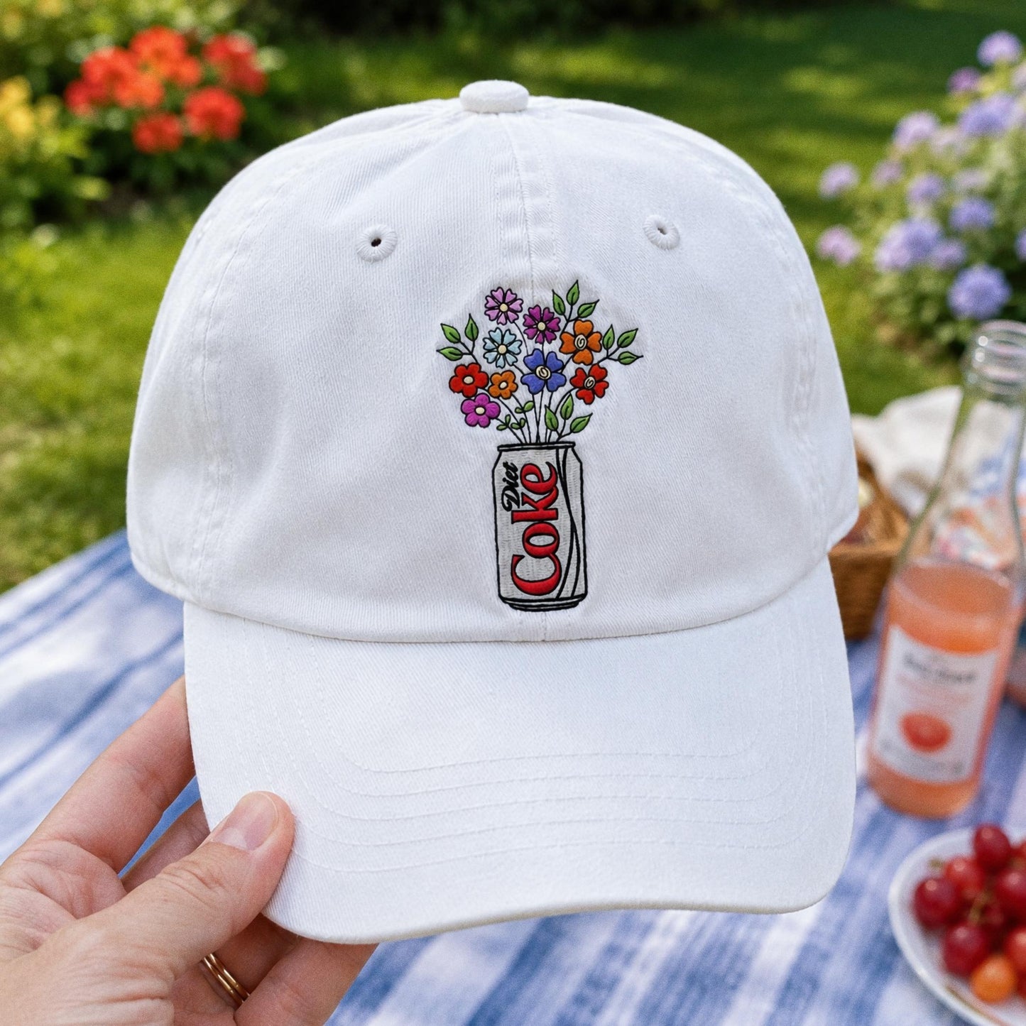 Embroidered Diet Coke Floral Hat, Washed Cotton Cap, Soda Lover Gift, Cute Aesthetic Baseball Cap, Floral Soda Embroidery, Gift For Her