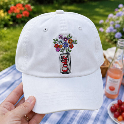 Embroidered Diet Coke Floral Hat, Washed Cotton Cap, Soda Lover Gift, Cute Aesthetic Baseball Cap, Floral Soda Embroidery, Gift For Her