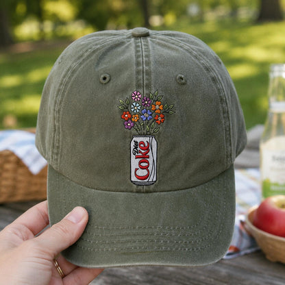 Embroidered Diet Coke Floral Hat, Washed Cotton Cap, Soda Lover Gift, Cute Aesthetic Baseball Cap, Floral Soda Embroidery, Gift For Her