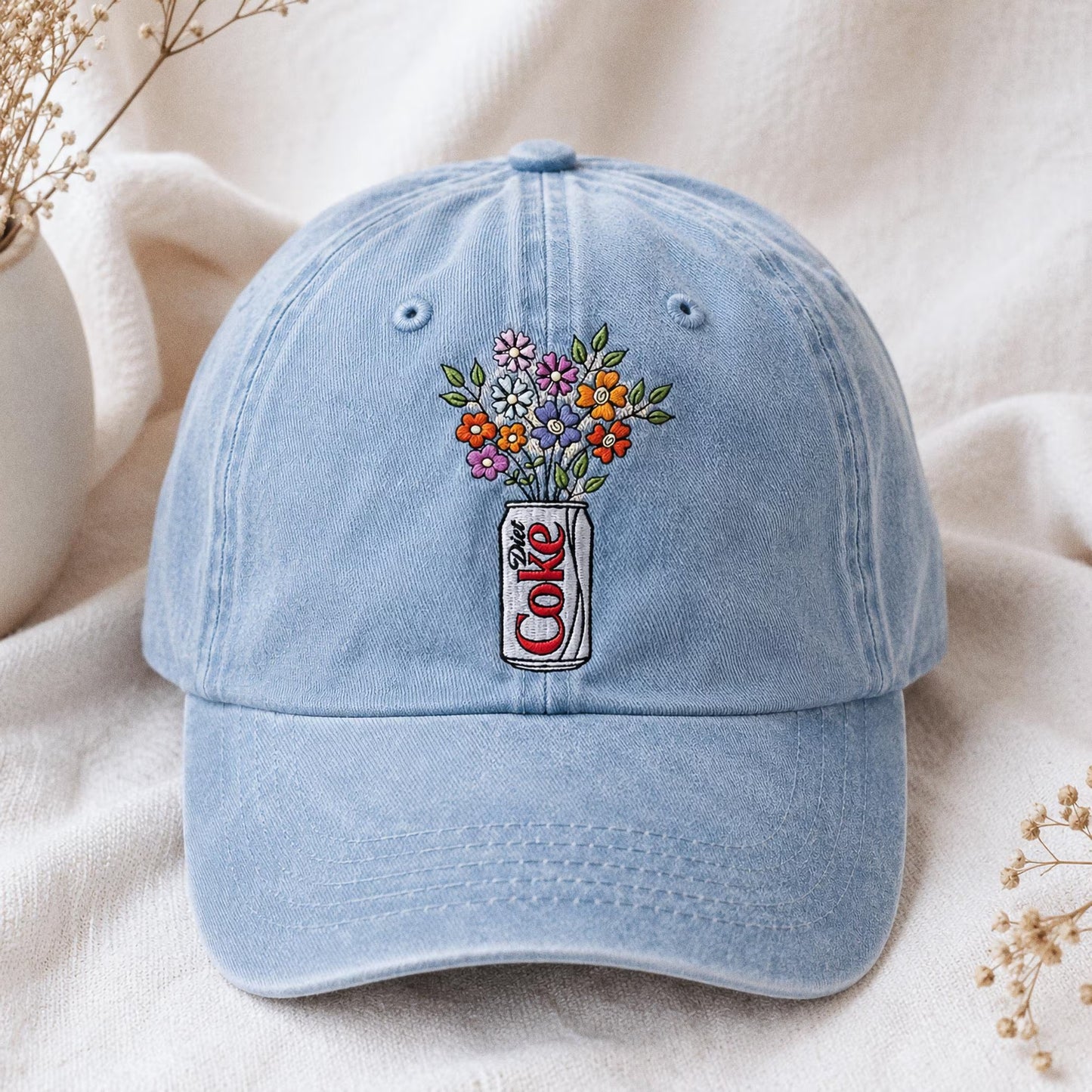 Embroidered Diet Coke Floral Hat, Washed Cotton Cap, Soda Lover Gift, Cute Aesthetic Baseball Cap, Floral Soda Embroidery, Gift For Her