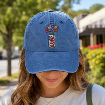 Embroidered Diet Coke Floral Hat, Washed Cotton Cap, Soda Lover Gift, Cute Aesthetic Baseball Cap, Floral Soda Embroidery, Gift For Her