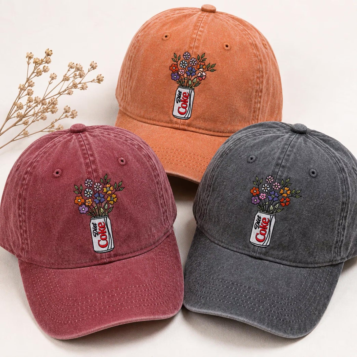 Embroidered Diet Coke Floral Hat, Washed Cotton Cap, Soda Lover Gift, Cute Aesthetic Baseball Cap, Floral Soda Embroidery, Gift For Her