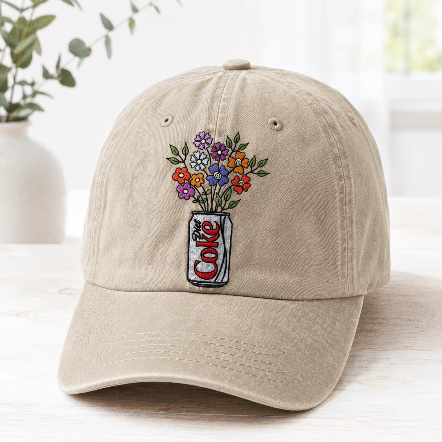 Embroidered Diet Coke Floral Hat, Washed Cotton Cap, Soda Lover Gift, Cute Aesthetic Baseball Cap, Floral Soda Embroidery, Gift For Her