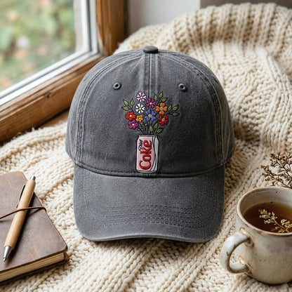 Embroidered Diet Coke Floral Hat, Washed Cotton Cap, Soda Lover Gift, Cute Aesthetic Baseball Cap, Floral Soda Embroidery, Gift For Her