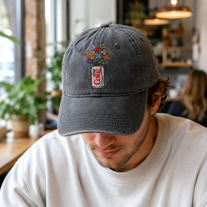 Embroidered Diet Coke Floral Hat, Washed Cotton Cap, Soda Lover Gift, Cute Aesthetic Baseball Cap, Floral Soda Embroidery, Gift For Her