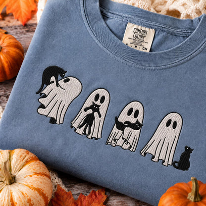 Embroidered Ghost Black Cat Shirt, Halloween Comfort Colors Tee, Spooky Season Gift, Fall Cat Shirt for Her, Cute Ghost Cat Crewneck