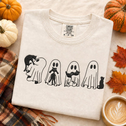 Embroidered Ghost Black Cat Shirt, Halloween Comfort Colors Tee, Spooky Season Gift, Fall Cat Shirt for Her, Cute Ghost Cat Crewneck