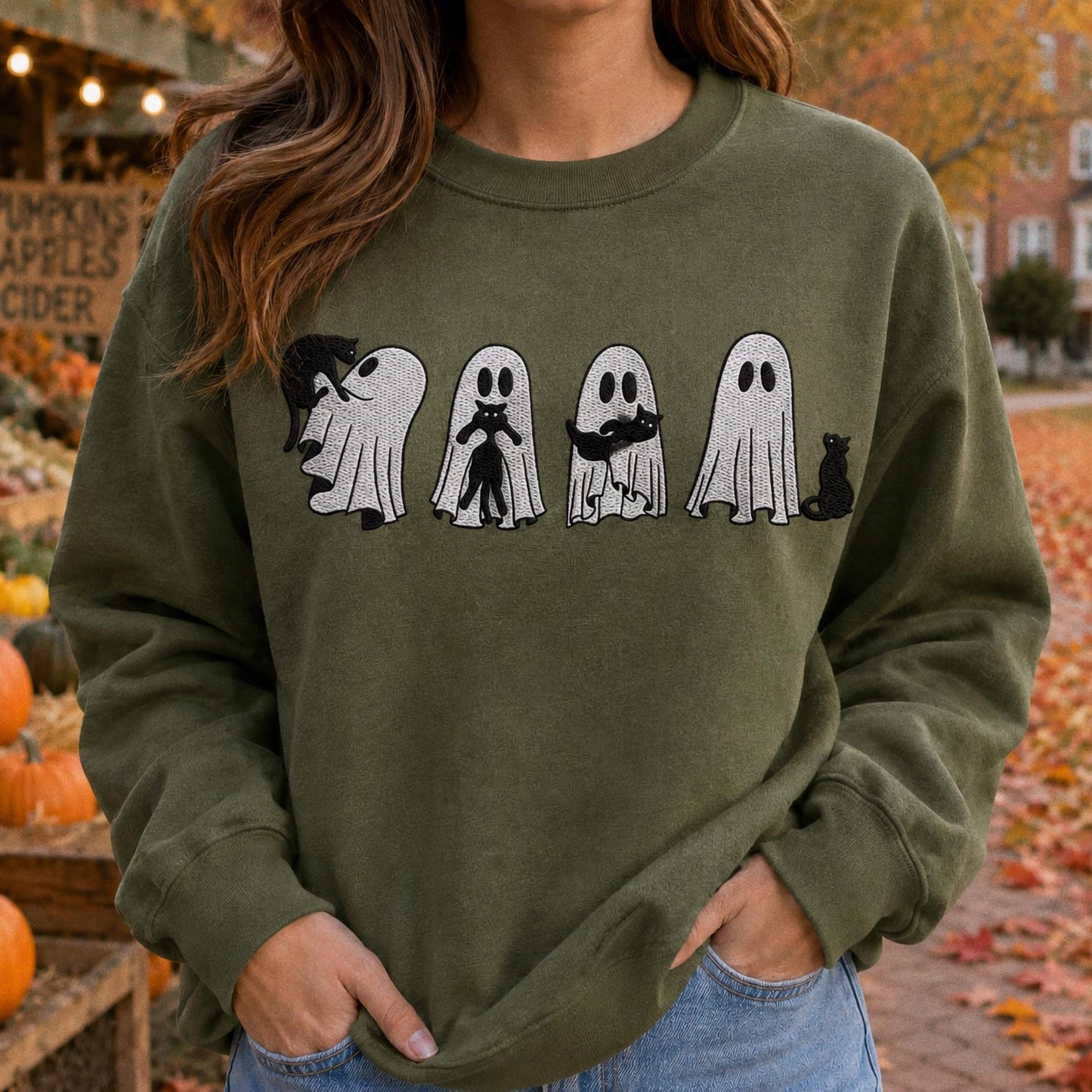 Embroidered Ghost Black Cat Shirt, Halloween Comfort Colors Tee, Spooky Season Gift, Fall Cat Shirt for Her, Cute Ghost Cat Crewneck