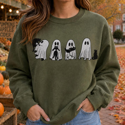Embroidered Ghost Black Cat Shirt, Halloween Comfort Colors Tee, Spooky Season Gift, Fall Cat Shirt for Her, Cute Ghost Cat Crewneck