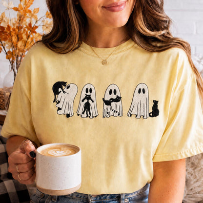 Embroidered Ghost Black Cat Shirt, Halloween Comfort Colors Tee, Spooky Season Gift, Fall Cat Shirt for Her, Cute Ghost Cat Crewneck