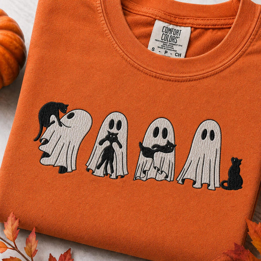 Embroidered Ghost Black Cat Shirt, Halloween Comfort Colors Tee, Spooky Season Gift, Fall Cat Shirt for Her, Cute Ghost Cat Crewneck
