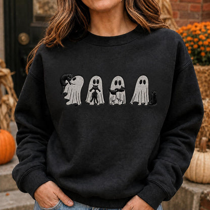 Embroidered Ghost Black Cat Shirt, Halloween Comfort Colors Tee, Spooky Season Gift, Fall Cat Shirt for Her, Cute Ghost Cat Crewneck