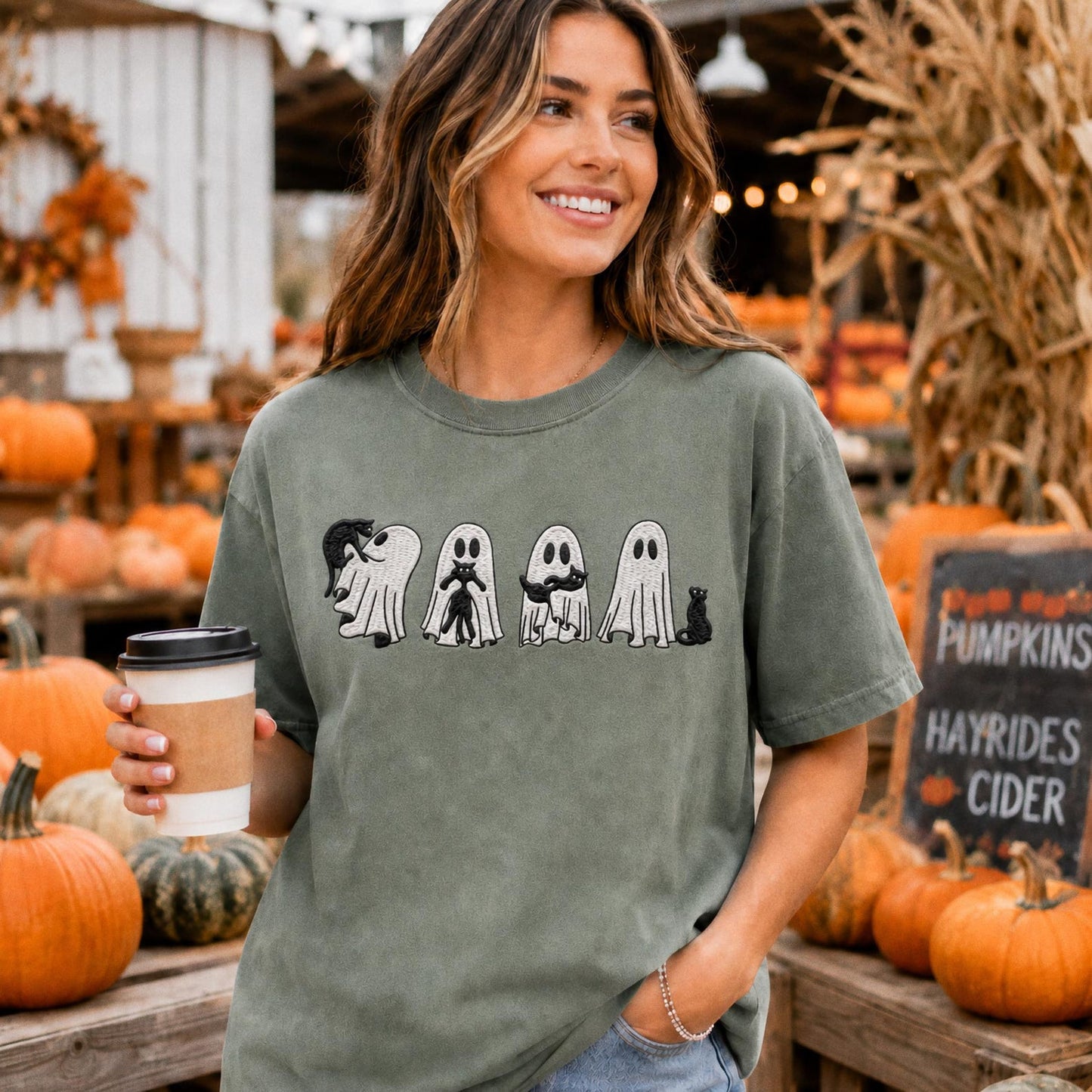 Embroidered Ghost Black Cat Shirt, Halloween Comfort Colors Tee, Spooky Season Gift, Fall Cat Shirt for Her, Cute Ghost Cat Crewneck