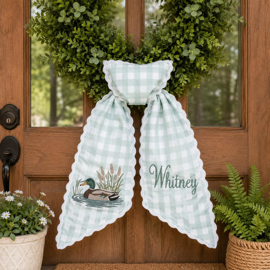 Embroidered Mallard Duck Wreath Sash, Custom Monogram Door Bow, Personalized Hunting Gift, Fall Front Door Decor